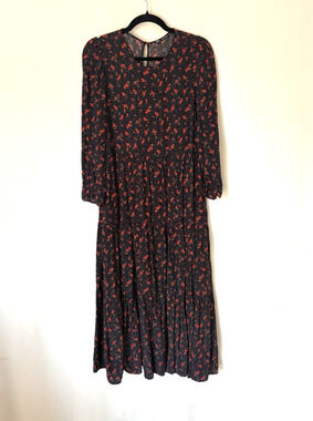 Zara Dress Large Maxi Long Floral Tiered Aline Long Sleeve Crew Neck Boho Fall